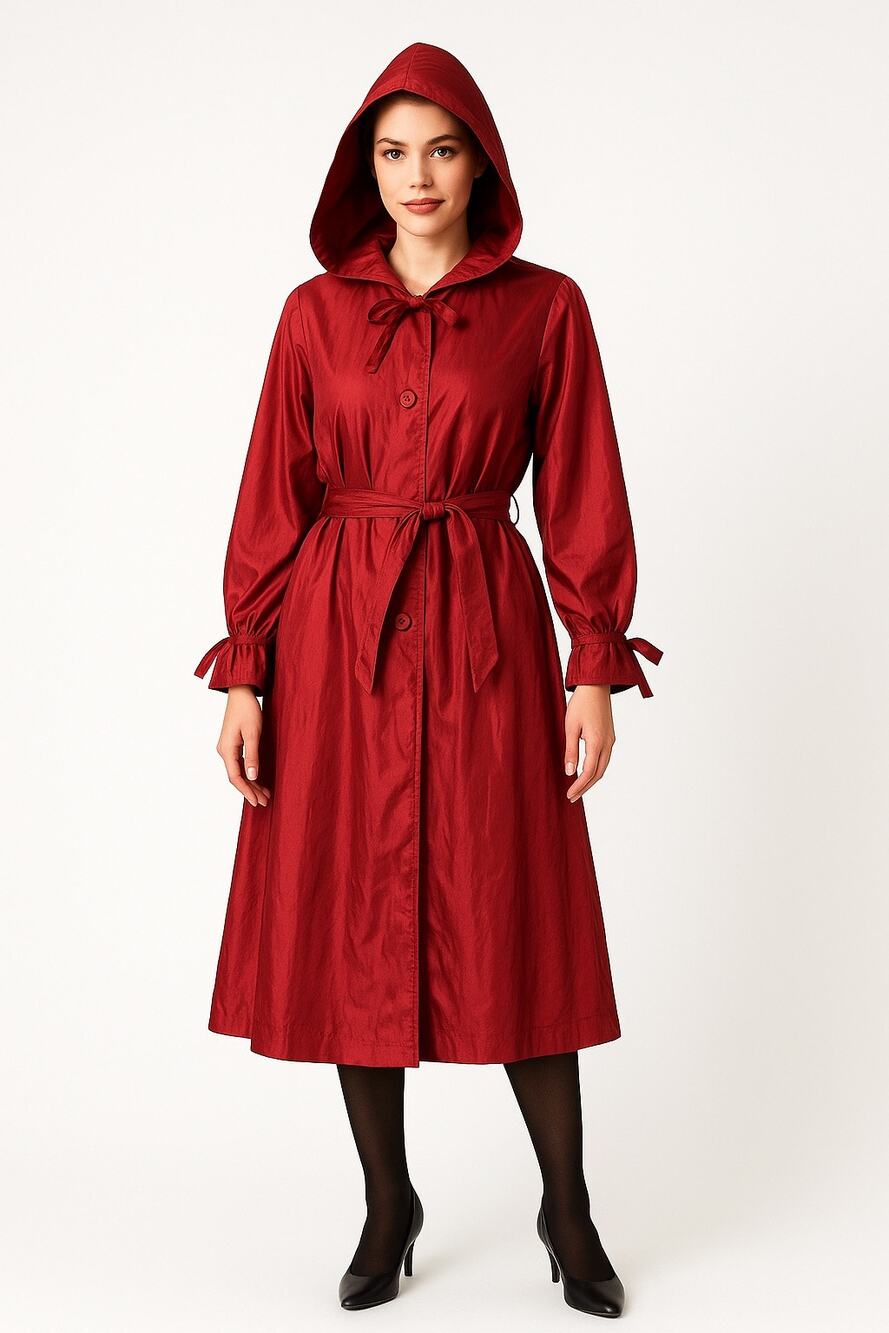 1990s Messages Red Iridescent Hooded Taffeta Belted Coat Made in Hong Kong M